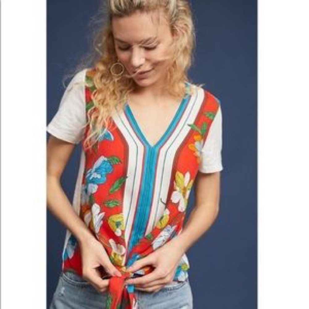 Akemi + Kin Sherburne Tie Front Tee With A Multicolor Floral Motif Print